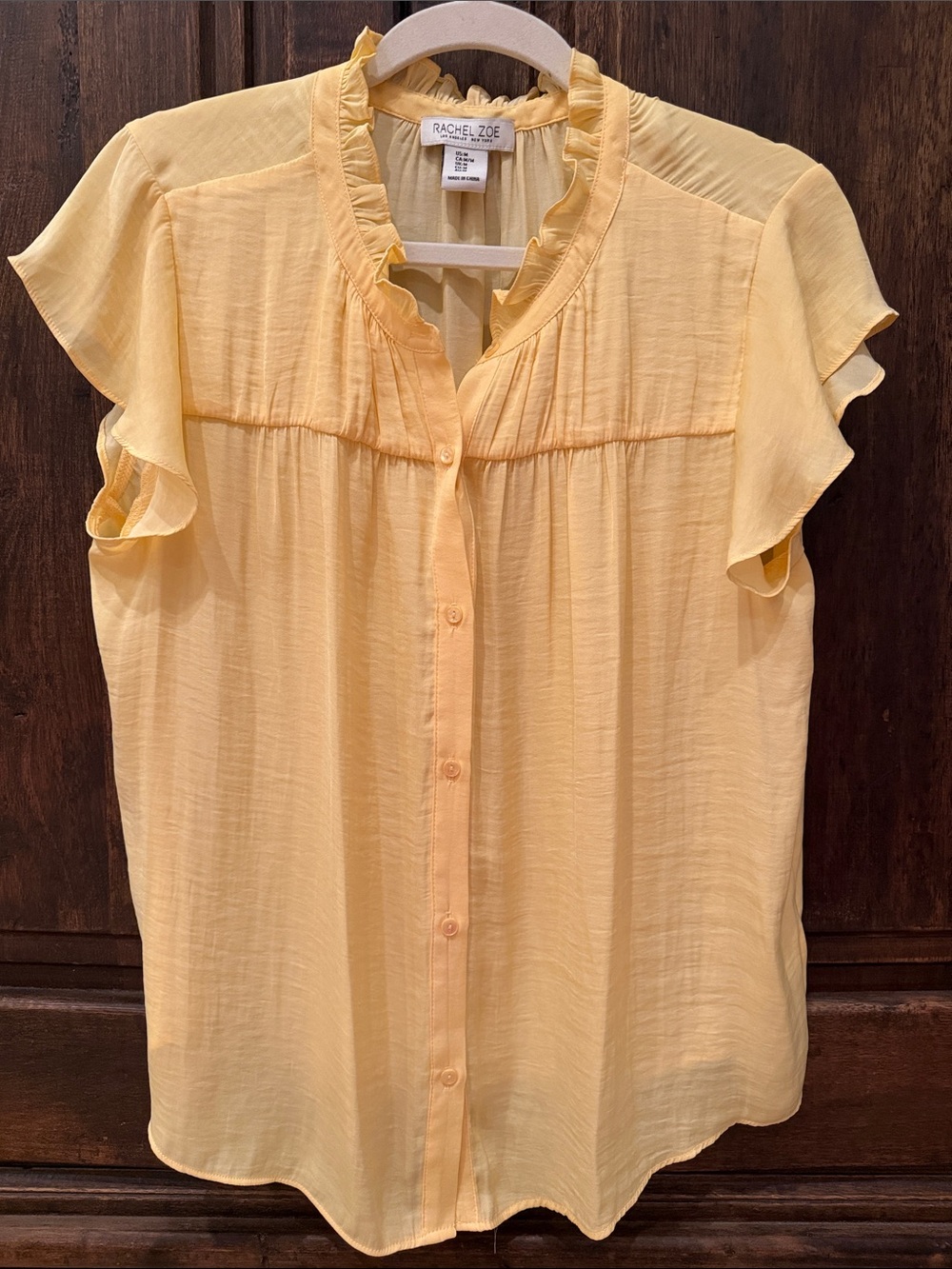 Rachel Zoe Pale Yellow Ruffle Flutter Sleeve Button-Front Blouse